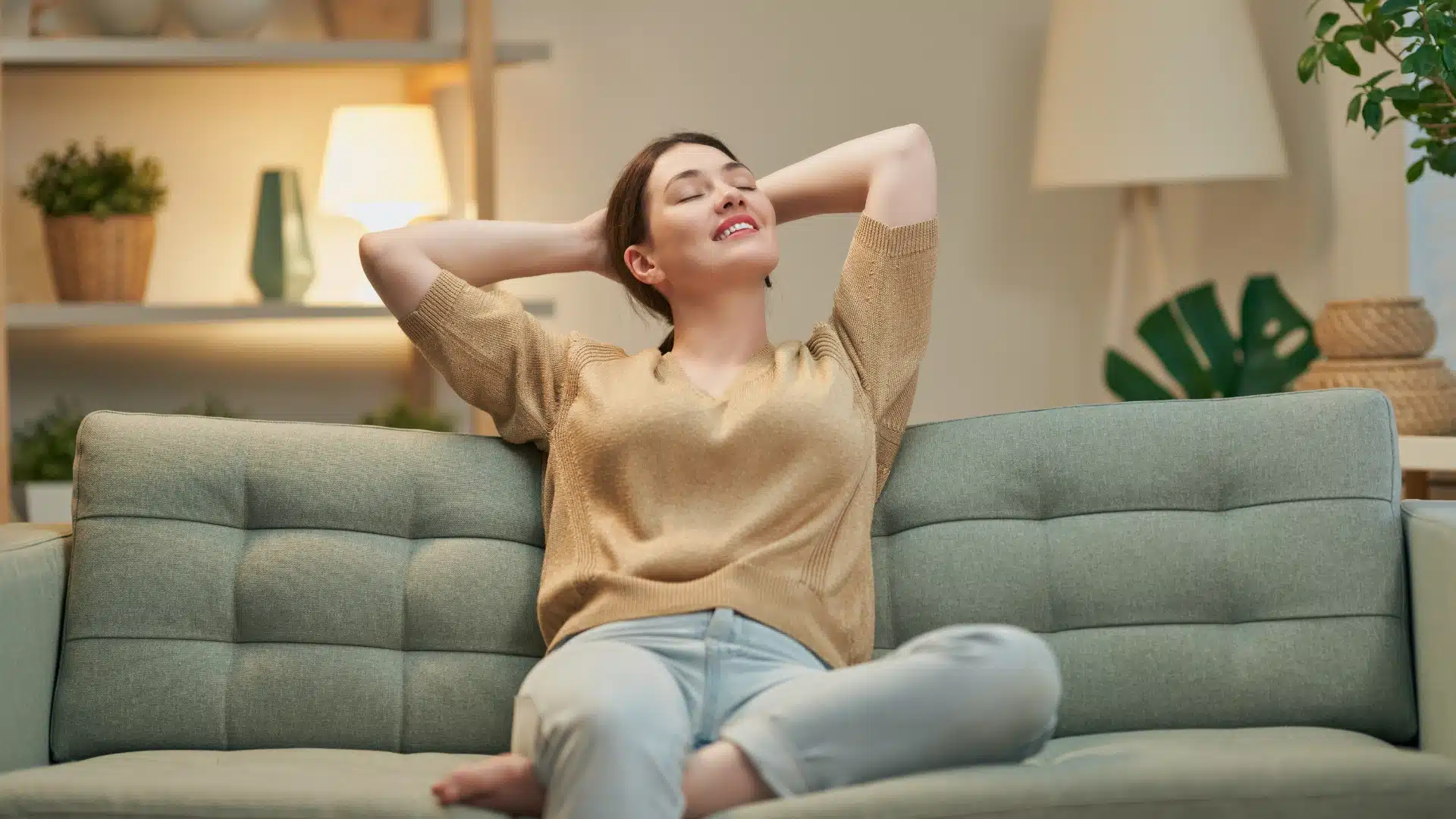 Woman stretching and relaxing on a couch