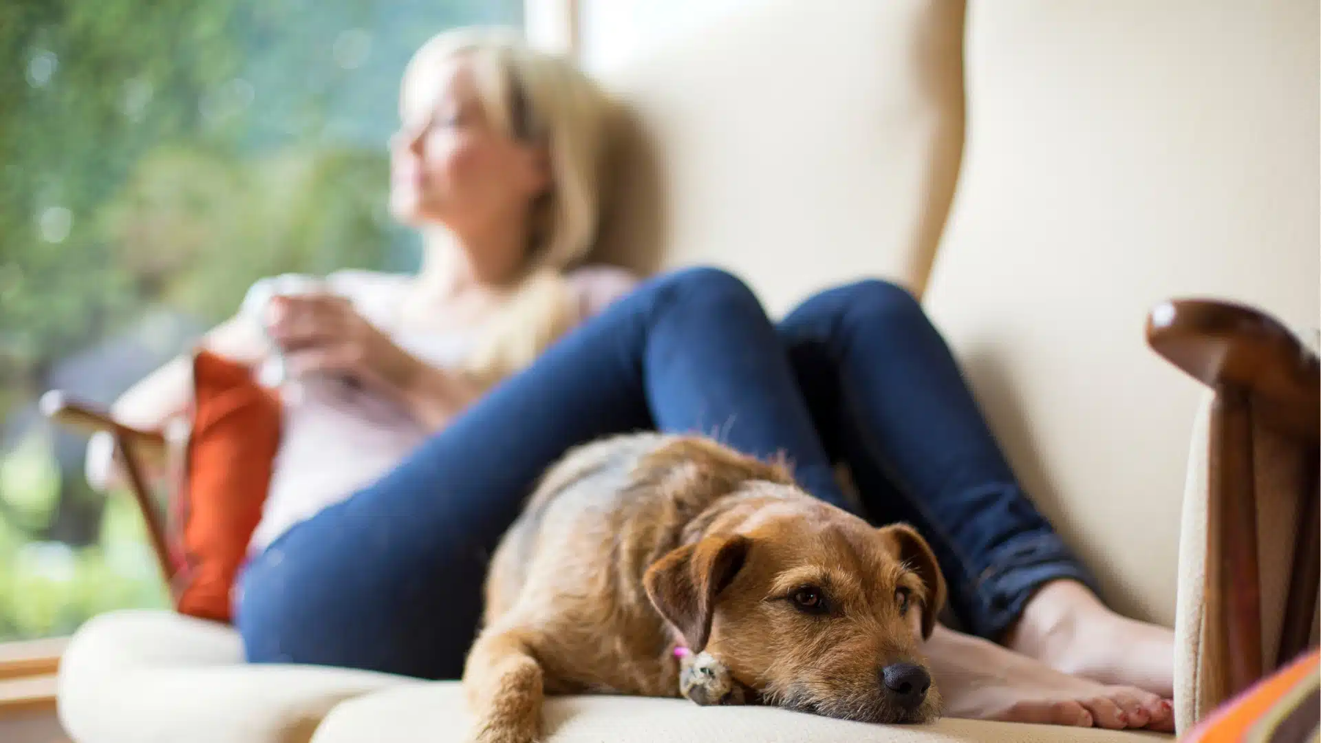 Relaxed woman sitting with coffee behind her dog on couch, representing calm and comfort during PTSD treatment at home.