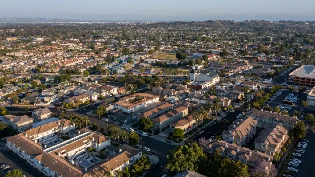 Aerial view of Brea, California showing residential neighborhoods and city blocks